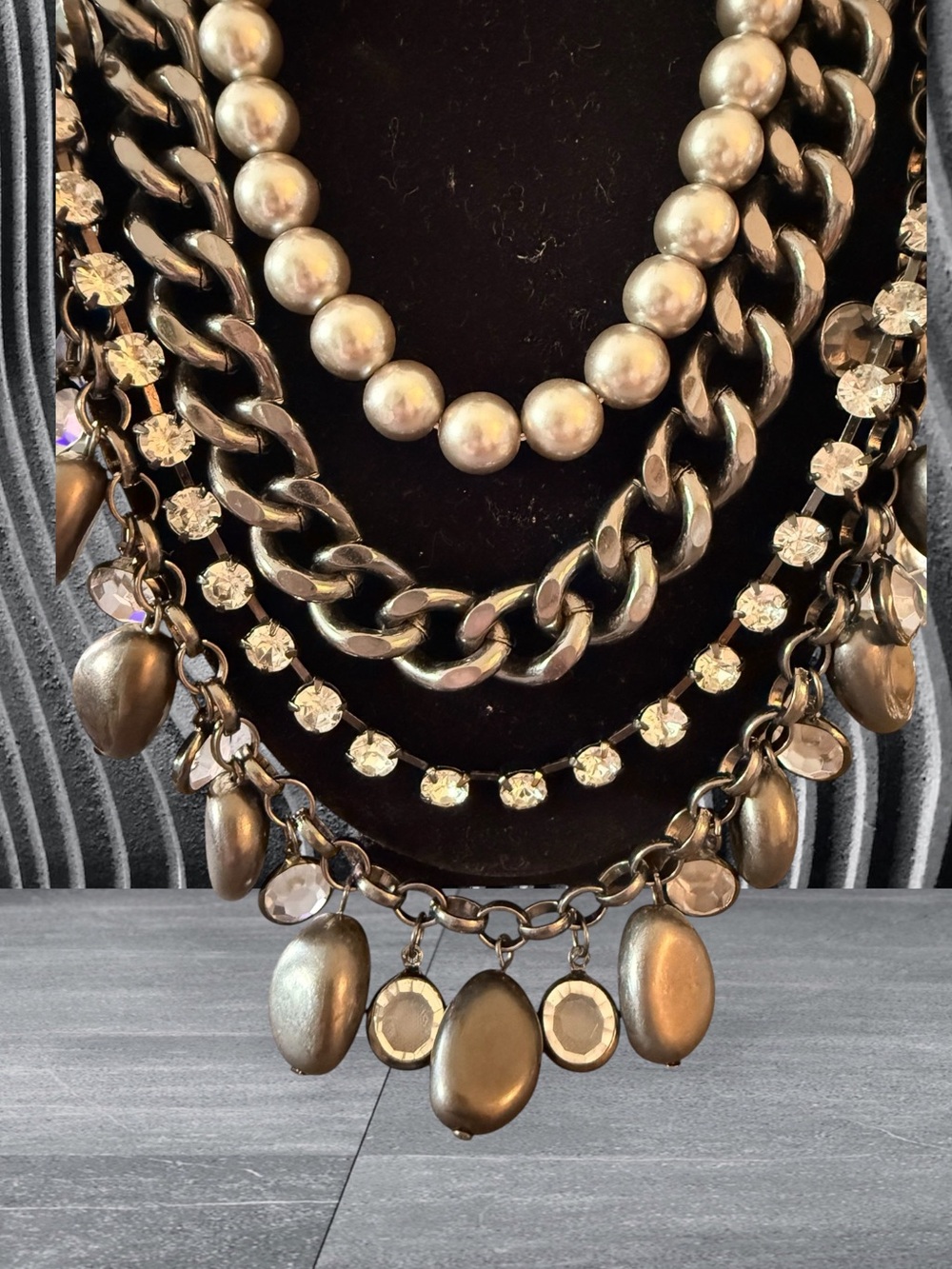 Layered Gunmetal Statement Necklace Gray Faux Pearl Rhinestone Chunky Necklace